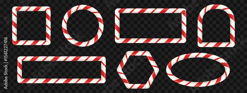 Realistic set of candy cane style frames. Round, square, and oval borders with red and white stripes. Striped elements for cards, banners, or photo templates. Vector illustration on a black background