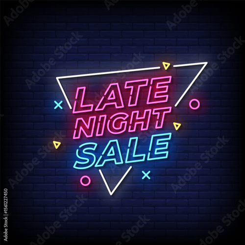 late night sale neon sign with brick wall background vector