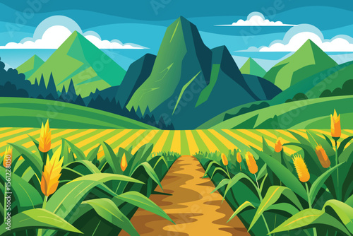 corn field with mountain landscape vector illustration