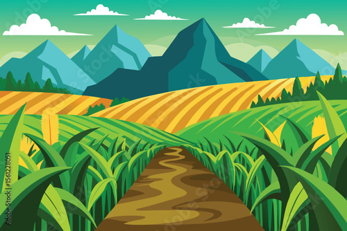 corn field with mountain landscape vector illustration