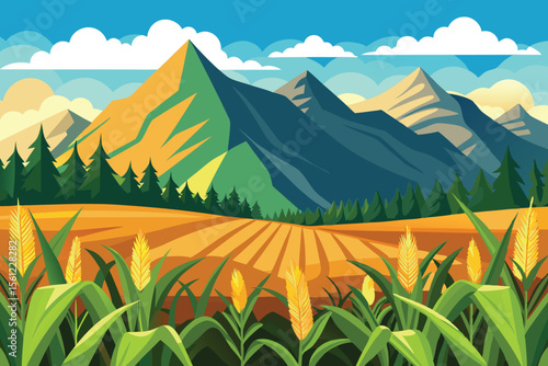 A cultivated agricultural corn fiel with mountains vector