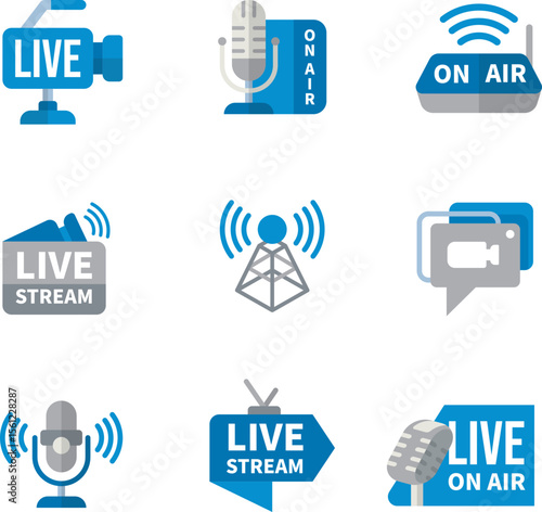 Nine blue icons representing live broadcasting and streaming technology.