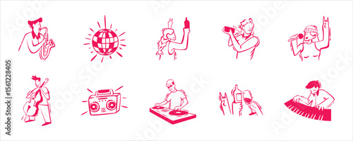 Hand Drawn Music and Party, Illustration Music Party Featuring Instruments and Dance