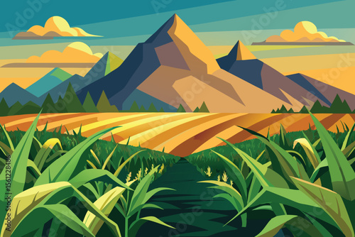 A cultivated agricultural corn fiel with mountains vector