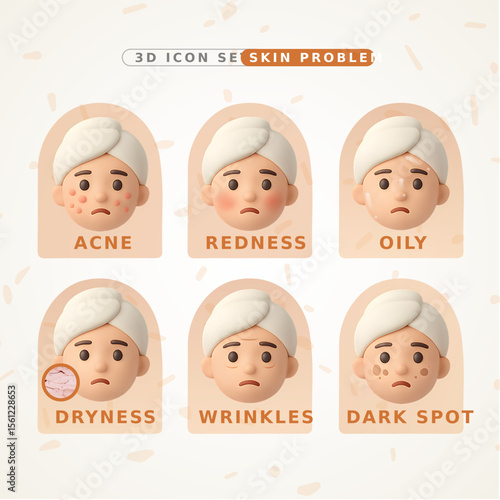 3D Skin Problem Icons – Acne, Redness, Oily Skin & More
