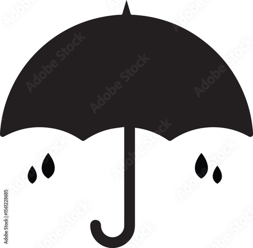 Simple black silhouette of an umbrella with raindrops falling around it.