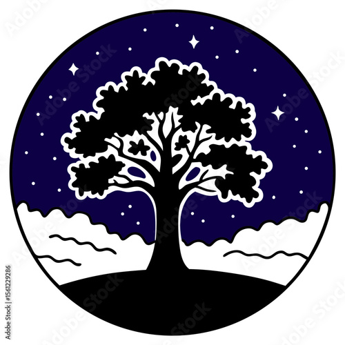 A single oak tree surrounded by violet-blue twilight fog, subtle stars just starting to appear, horizon barely visible, quiet and mystical