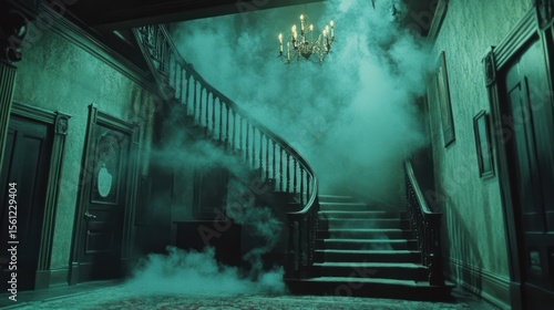 Mysterious mansion interior with swirling fog and antique chandelier ambiance