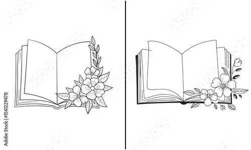 Open Books with Floral Embellishments – Elegant Line Art Illustration of Flowers and Literature for Creative Design