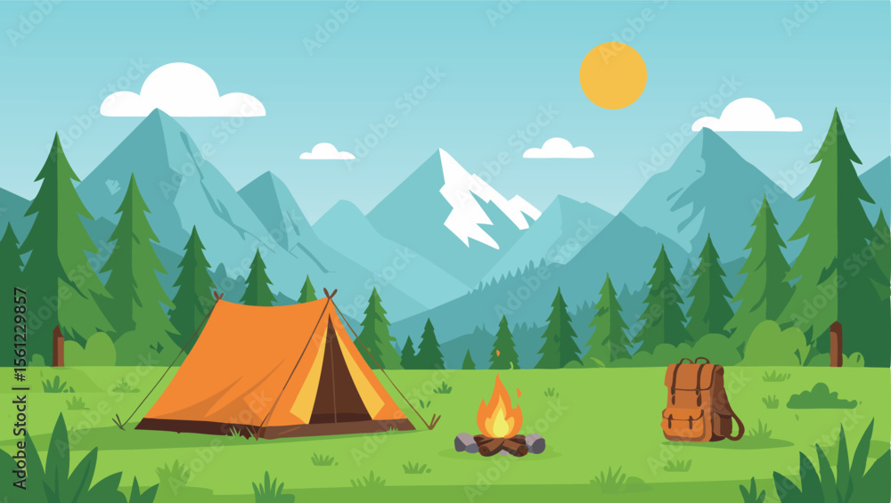 Pixel Art Camping Scene with Tent Mountains and Backpack Pixel Art Camping Scene with Tent Mountains and Backpack