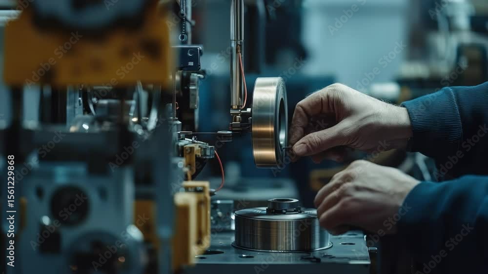 Machinery assembly process at a manufacturing facility during early morning hours Machinery assembly process at a manufacturing facility during early morning hours