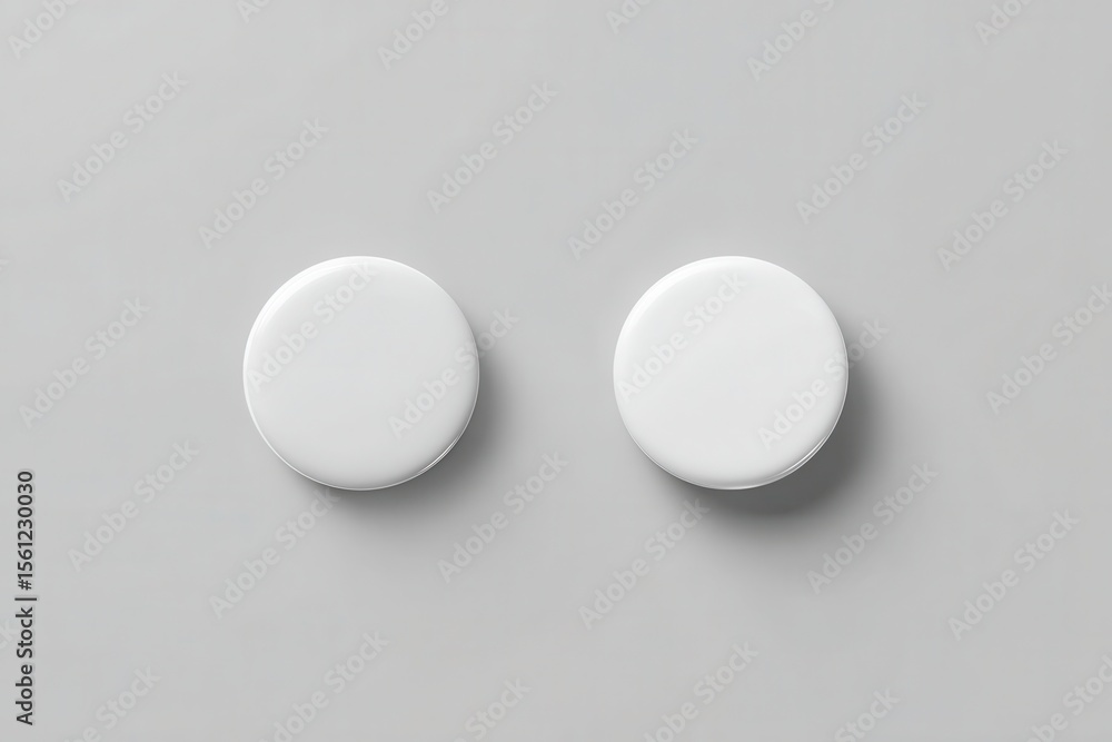 Two smooth, matte-white, circular objects on a light gray background; slightly separated, viewed from directly above Two smooth, matte-white, circular objects on a light gray background; slightly separated, viewed from directly above