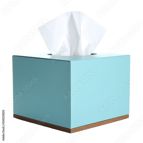 Teal tissue box with tissue on white background home decor product photography