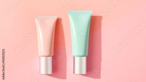 Wallpaper Mural Pastel Pink and Mint Green Cosmetic Tubes Skincare Product Packaging Design Torontodigital.ca