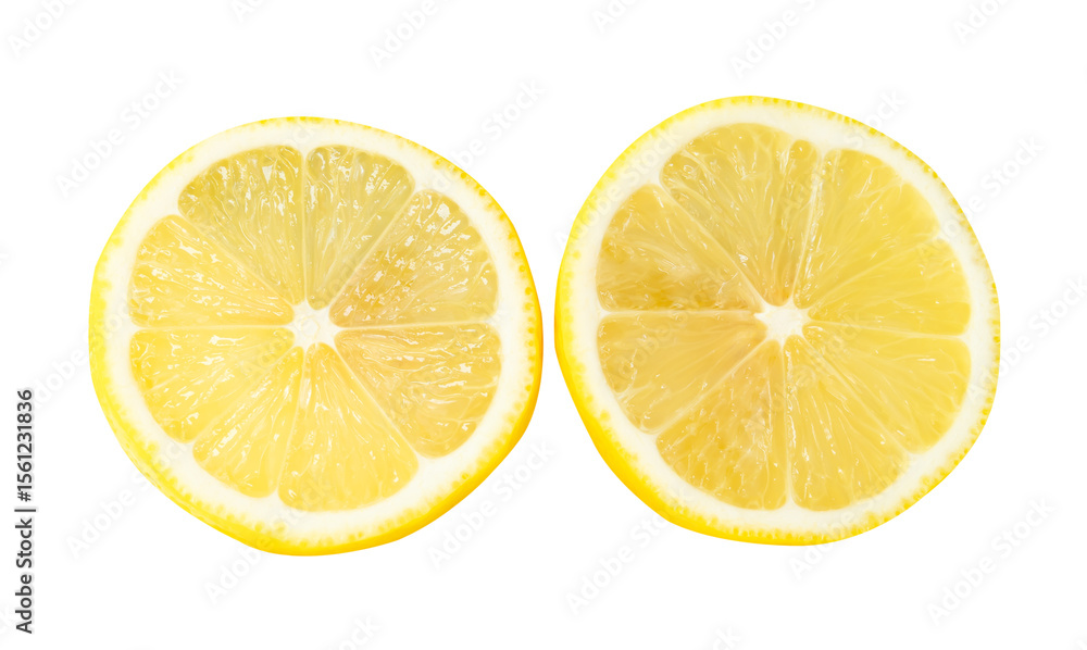 Top view set of ripe yellow lemon fruit or slices in two circles isolated on white background with clipping path Top view set of ripe yellow lemon fruit or slices in two circles isolated on white background with clipping path