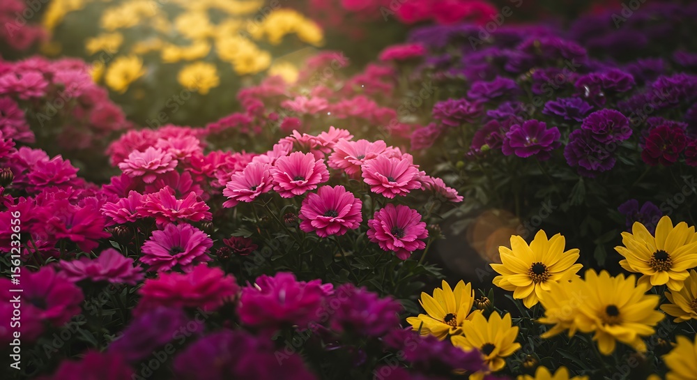 Fototapeta premium Colorful Flower Bed with Pink, Purple, Yellow Blooms
