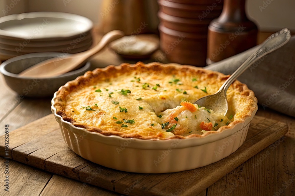 Delicious homemade seafood pie with golden crust served on a rustic wooden table Delicious homemade seafood pie with golden crust served on a rustic wooden table