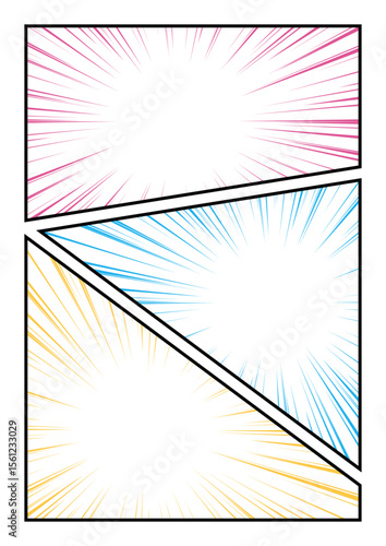 漫画風　三分割　集中線　黒縁　カラフル