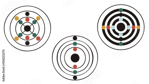 Illustration of three circular targets with concentric rings and colored dots arranged around the center point