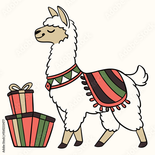 Cute Excited Llama, accessorized with riding a skateboard, in a Kwanzaa world – Unity & Culture palette vector