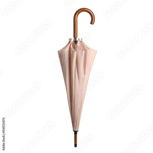 Elegant closed pink umbrella on white background still life minimalist style