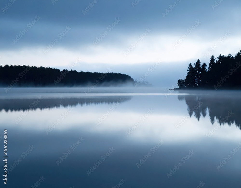 Obraz premium Misty morning over calm lake with dark forest silhouette and reflection