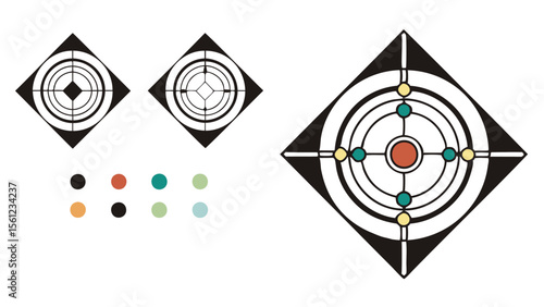 Illustration featuring two square targets and one larger colorful target with circles design element
