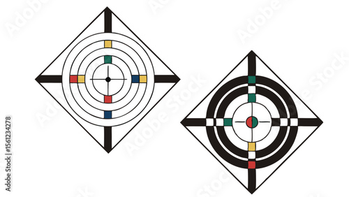 Two abstract targets with concentric circles and colored squares within diamond shapes on white background