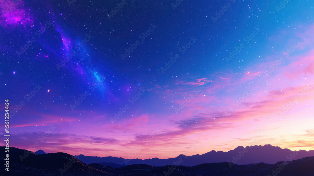 Naklejka premium Stunning cosmic landscape featuring vibrant night sky filled with stars, colorful nebulae, and serene horizon. scene evokes sense of wonder