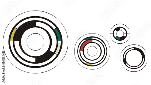 Four circular diagrams with concentric rings and colored segments showing data representation visually