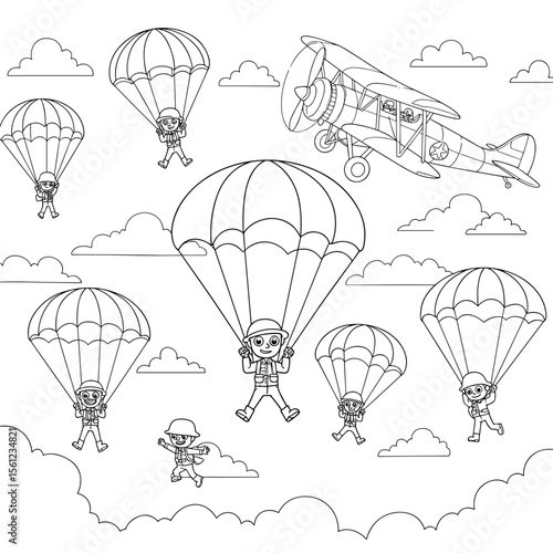 Seven parachuting soldiers descend from an airplane through a sky filled with clouds, with two pilots visible in the cockpit—capturing a dynamic airborne military operation.
