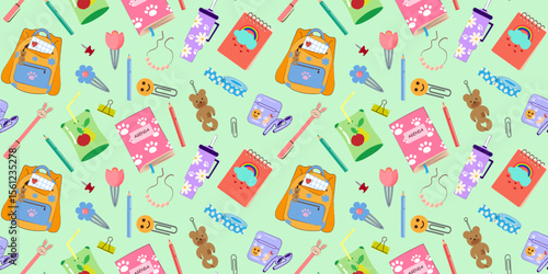 Seamless Pattern with school supplies on green background. Includes decorative elements. Back To School illustration. For stationery, wrapping paper, textiles, or digital backgrounds . Vector image.