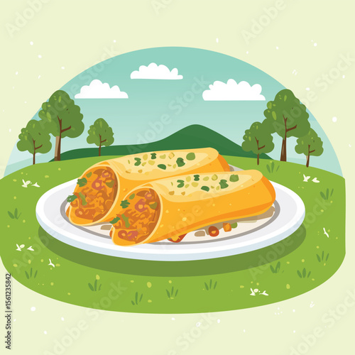 Chicken Enchiladas Stylized Vector Design with Forest and Mountain Elements.