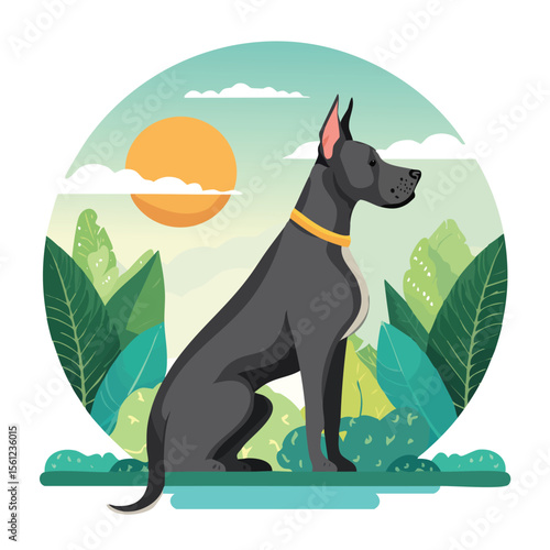 Great Dane Flat Vector Illustration Featuring Serene Nature Elements.