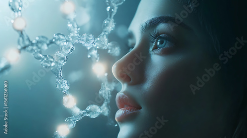 Futuristic Glass and Water Molecular Designs: A Conceptual Exploration of Advanced Skincare and Cosmetic Innovation, Blending Organic Patterns, Bioluminescence, and Minimalist 3D Aesthetics