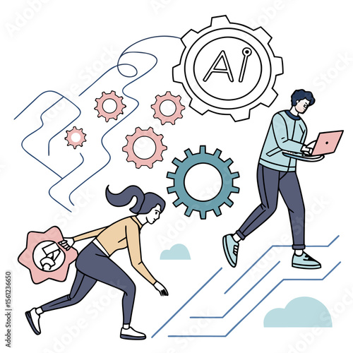 AI Collaboration Scene — This conceptual vector features two human characters engaged in constructing or interacting with artificial intelligence. One figure draws lines from a gear labeled 'AI,' symb