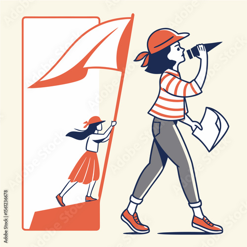 Explorer and Guide — A stylized adult figure holds a telescope and map, while a child with a flag stands within a framed space, symbolizing mentorship, discovery, and generational curiosity in a minim