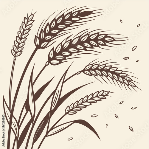Rustic Wheat Sheaf with Falling Kernels — This vector features several detailed wheat stalks bundled together, with grains gently falling, evoking themes of harvest, abundance, and natural cycles in w