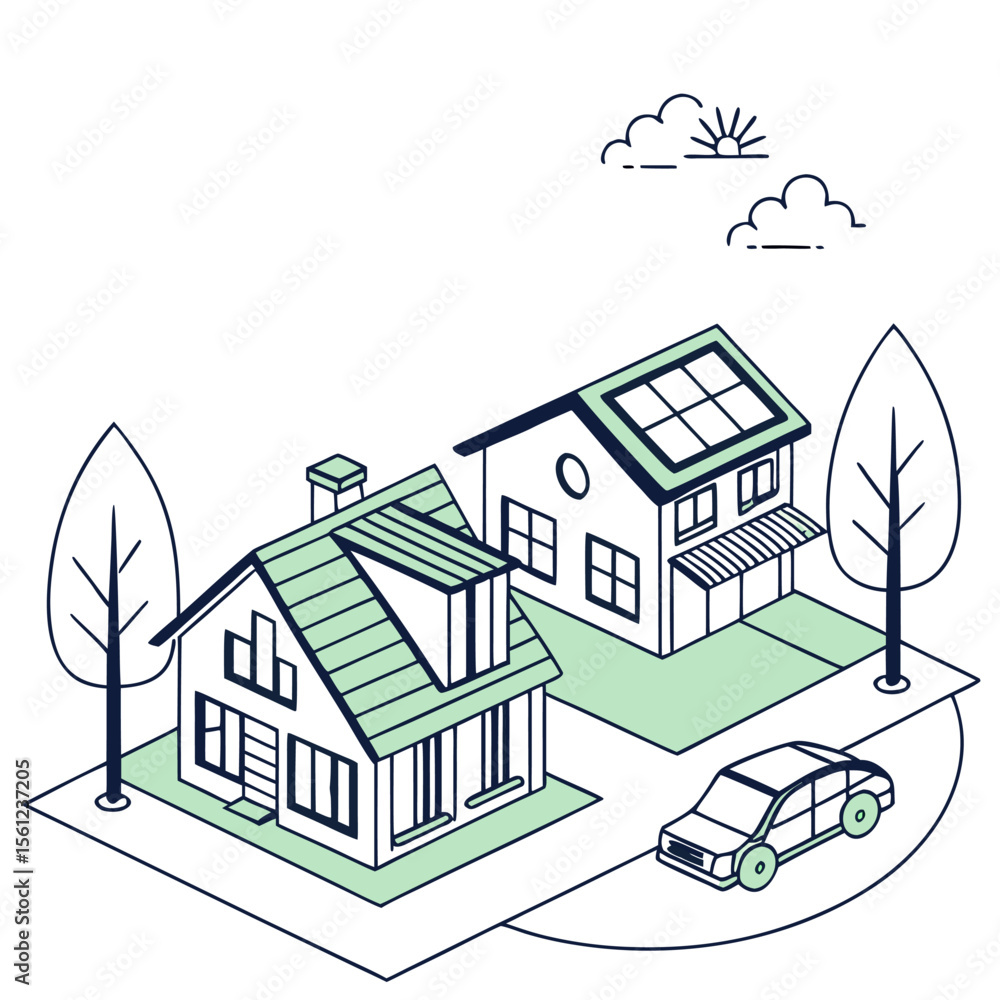 Naklejka premium Two Eco Homes with Trees and Car — A simple vector scene of two suburban houses, one with solar panels, set amid green lawns, trees, and clouds, representing peaceful, eco-conscious living.