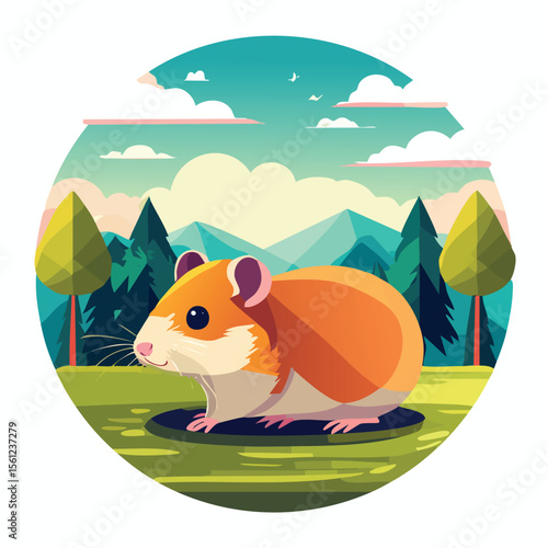 Syrian Hamster Flat Vector Illustration Featuring Serene Nature Elements.