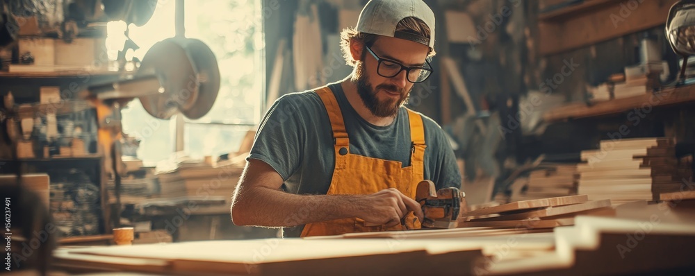Carpenter measuring wood for a craft project, ensuring precise measurements and cuts for quality workmanship, Generative AI Carpenter measuring wood for a craft project, ensuring precise measurements and cuts for quality workmanship, Generative AI