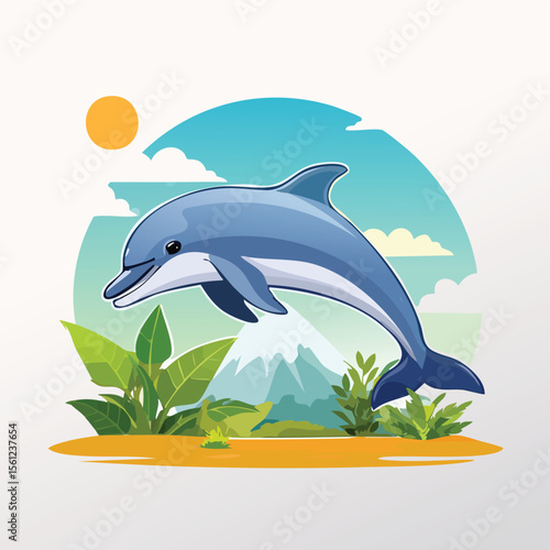 Bottlenose Dolphin Flat Vector Illustration Featuring Serene Nature Elements.