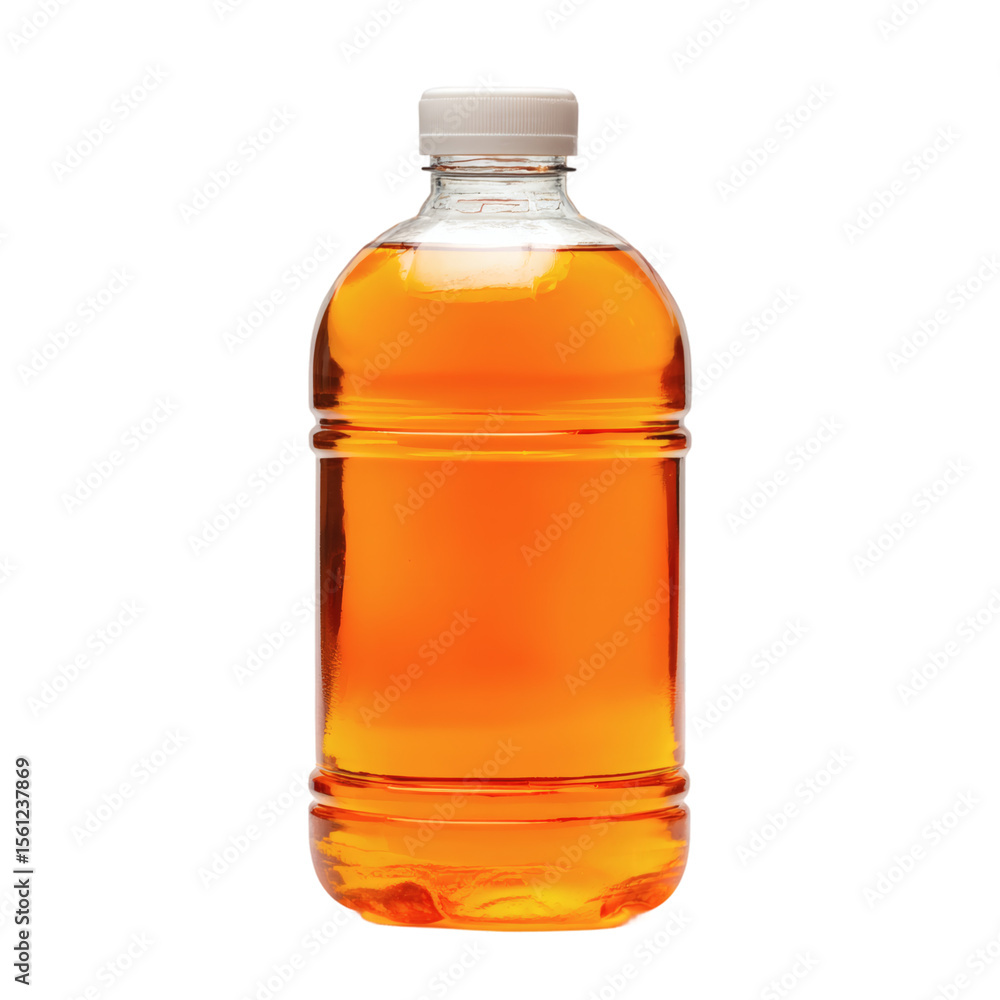 A clear plastic bottle filled with orange liquid isolated on transparent background A clear plastic bottle filled with orange liquid isolated on transparent background