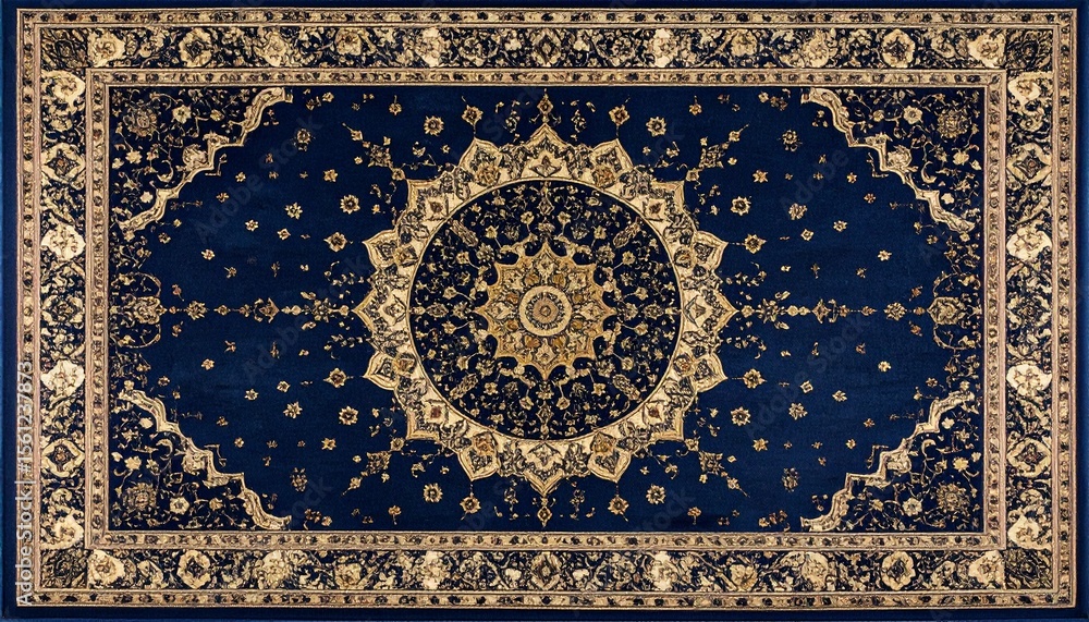 Fototapeta premium ネイビーとゴールドのヴィンテージ装飾ラグ｜Vintage Ornamental Rug in Navy and Gold