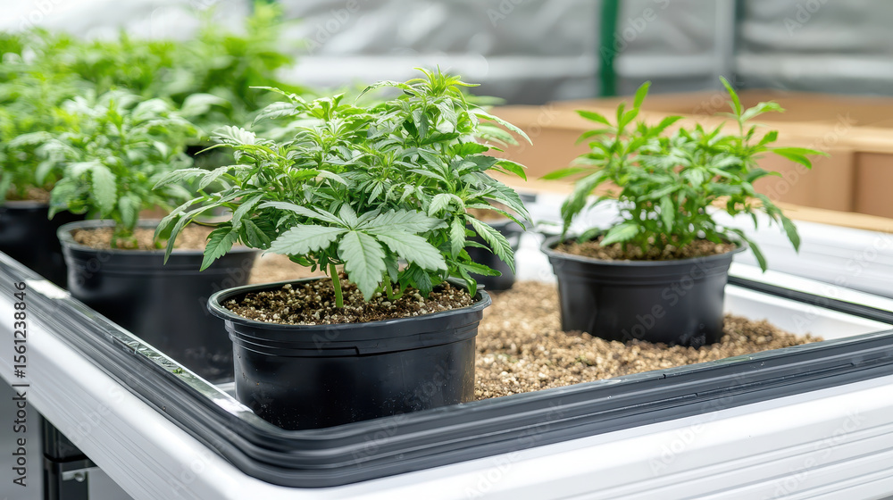 Closeup of young cannabis plants in black pots, thriving in hydroponic setup, showcasing vibrant green leaves and healthy growth Closeup of young cannabis plants in black pots, thriving in hydroponic setup, showcasing vibrant green leaves and healthy growth