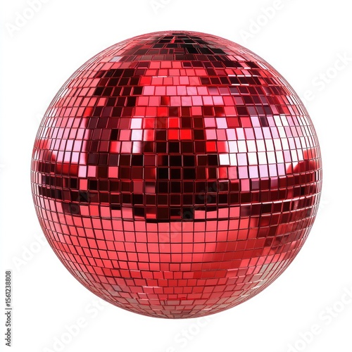 Red disco ball isolated white background. Party accessory