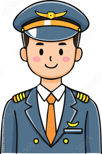 Cartoon illustration of a pilot in uniform with a hat, tie, and jacket, smiling.