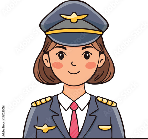 Cartoon illustration of a female pilot in uniform, smiling and facing forward.