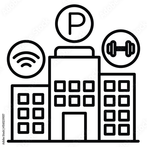 Building amenities icon Black and white outline flat sign vector