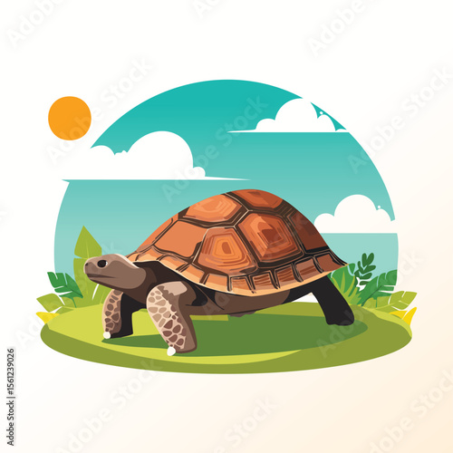 Aldabra Giant Tortoise Flat Vector Illustration Featuring Serene Nature Elements.